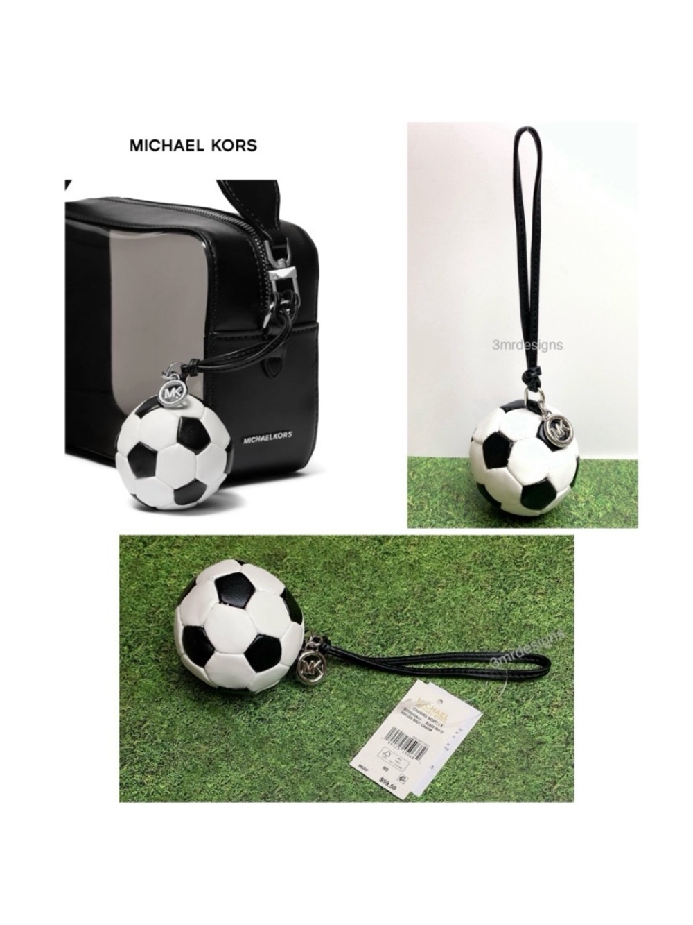NWT MICHAEL KORS SOCCER BALL Silver-Tone Faux Leather & Nappa Leather Bag Charm - Picture 3 of 12